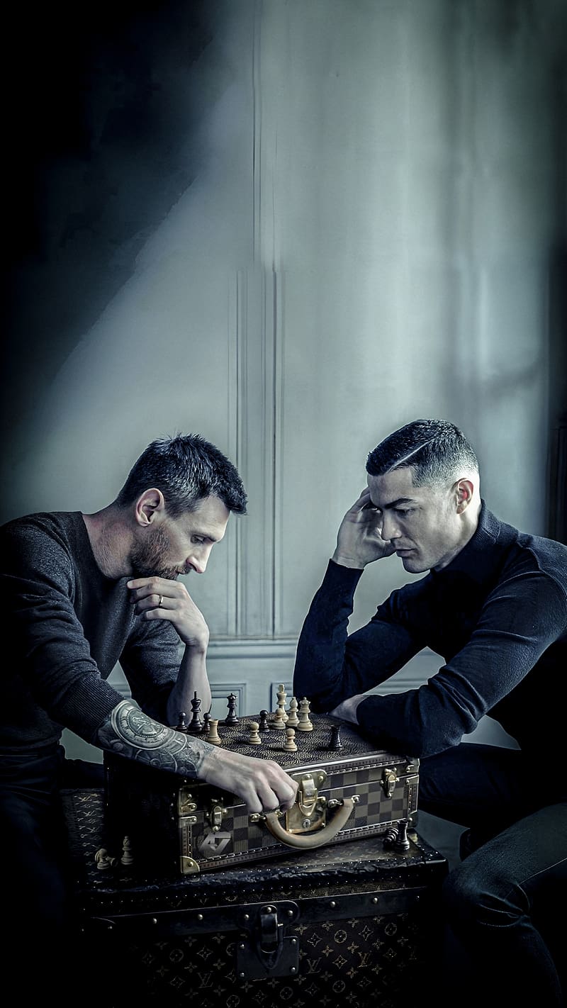 Ronaldo And Messi Playing Chess, ronaldo and messi, footballer, sportsman, HD phone wallpaper