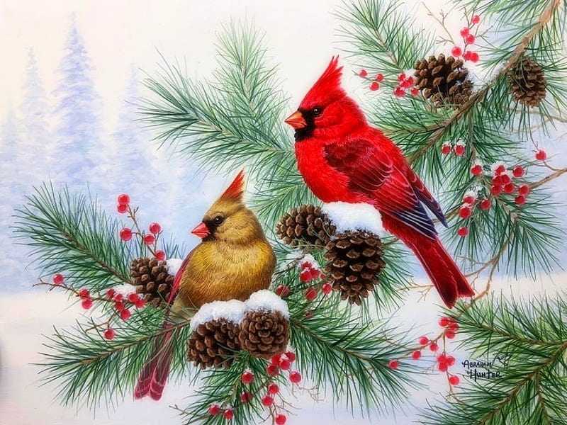 'Tis The Season, animals, winter, Christmas, holidays, birds, love four seasons, xmas and new year, pine cones, cardinals, paintings, snow, branches, HD wallpaper