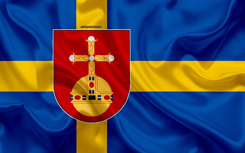Coat of arms of Uppsala lan silk flag, Swedish flag, Uppsala County, Sweden, flags of the Swedish lan, silk texture, Uppsala lan, coat of arms, HD wallpaper