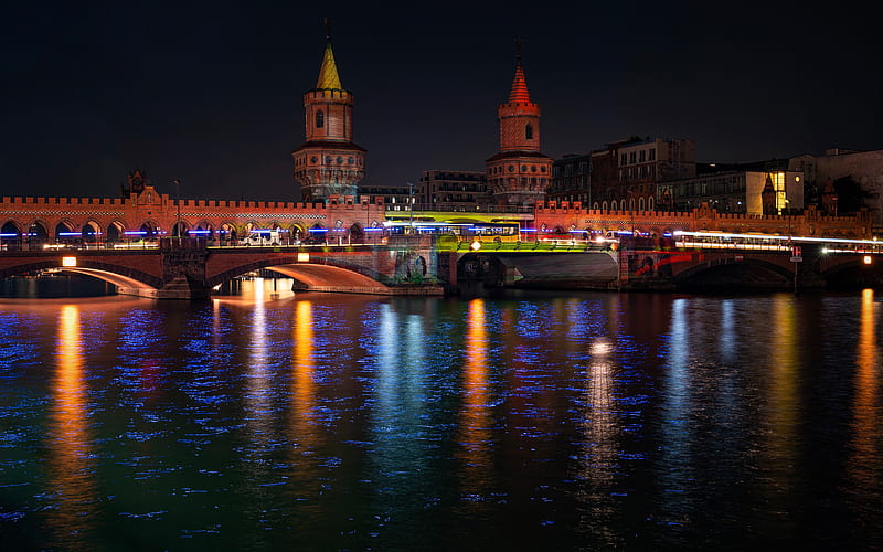 Oberbaum Bridge Berlin, nightscapes, cityscapes, german cities, Germany, Europe, River Spree, HD wallpaper