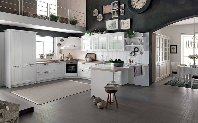 stylish kitchen interior, modern design, American style, kitchen, white wooden furniture, HD wallpaper