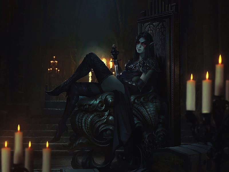 Dark elf, elder scrolls legends, candle, art, fantasy, girl, dark, elf, black, HD wallpaper
