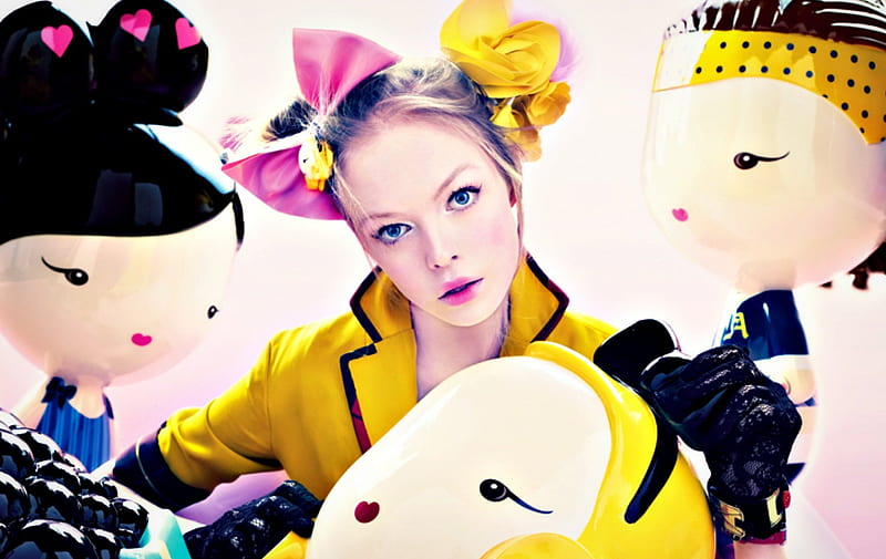 Siri Tollerod, model, toy, yellow, blonde, bow, woman, doll, girl, pink, HD wallpaper