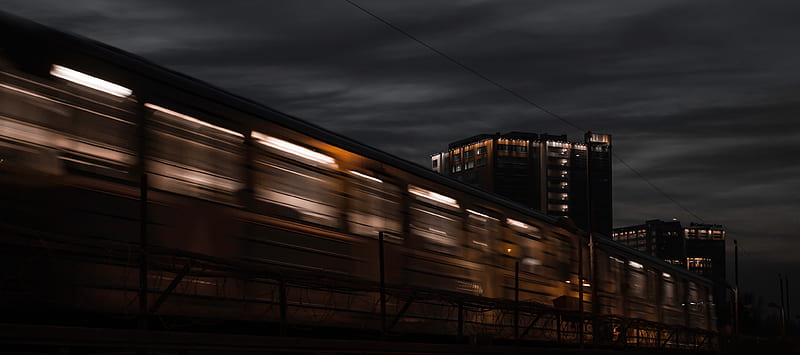 train, dark, long exposure, night, motion, HD wallpaper