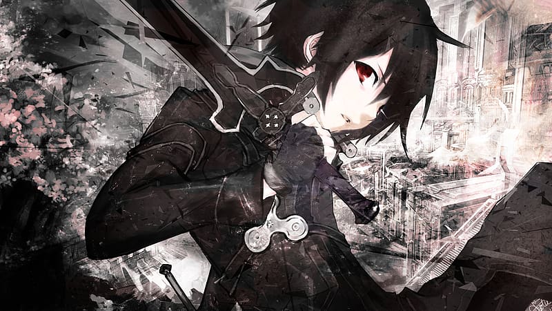 black eyes, red eyes, Sword Art Online, dark hair, anime, fire