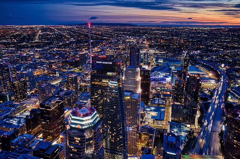 night city, tower, lights, neon, aerial view, HD wallpaper
