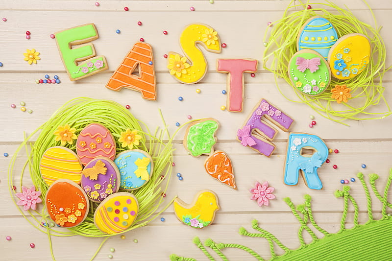 Easter Time, celebration, colorful, cookies, eggs, yellow, HD wallpaper