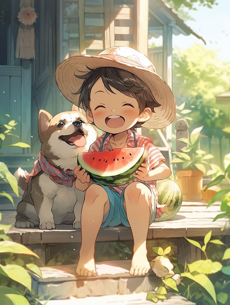 boy, smile, dog, watermelon, summer, anime, art, HD phone wallpaper