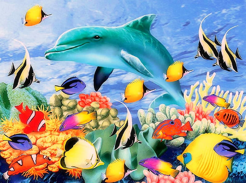 ★Something Fishy★, sea life, colorful, oceans, scenic, attractions in dreams, most ed, seasons, paintings, dolphins, scenery, animals, turtles, underwater, fishes, colors, love four seasons, creative pre-made, paradise, summer, nature, HD wallpaper