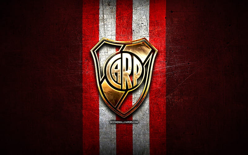 River Plate FC, golden logo, Argentine Primera Division, red metal background, football, CA River Plate, argentinian football club, River Plate logo, soccer, Argentina, Club River Plate, HD wallpaper