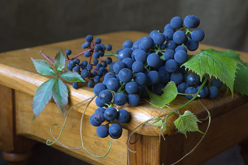 Grapes, fruit, table, autumn, green, wood, blue, HD wallpaper