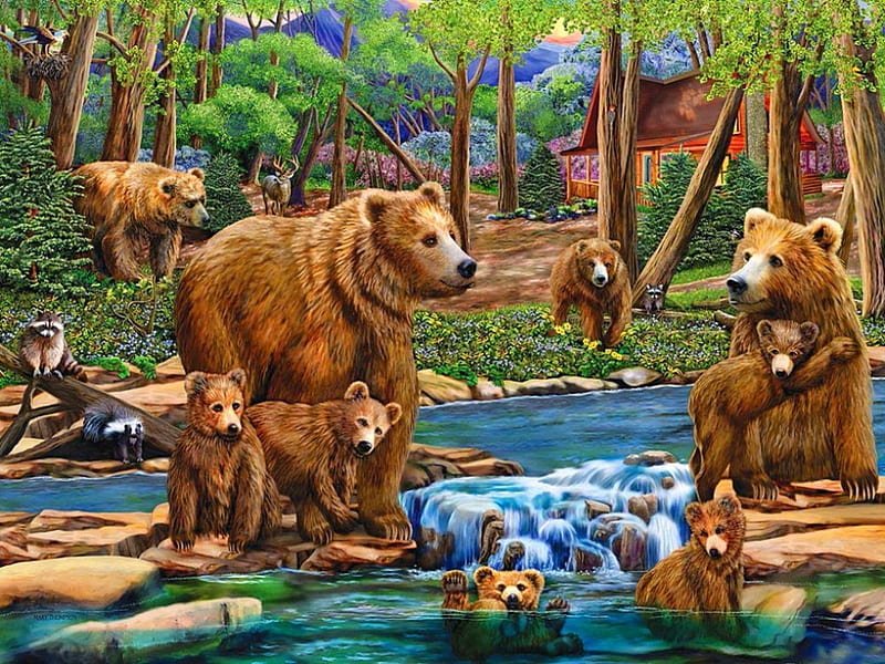 Bear gathering, family, forest, stream, house, bear, trees, gathering, summer, nature, river, HD wallpaper