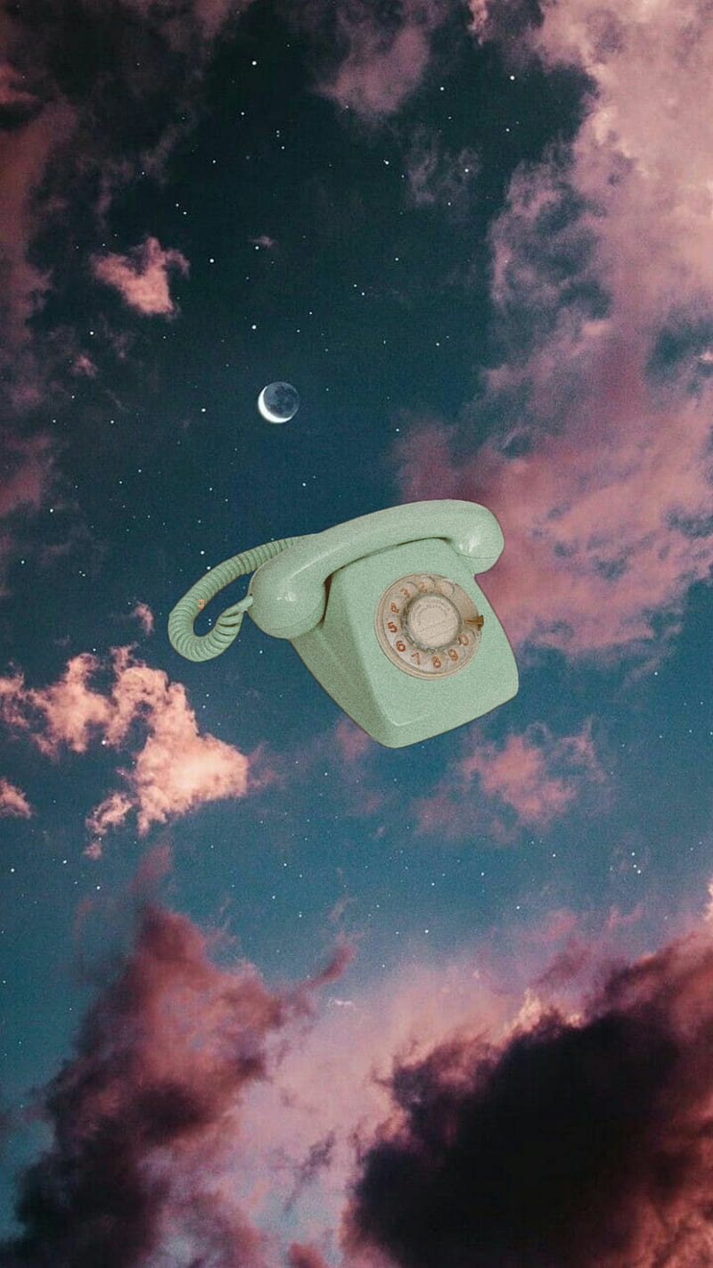 Aesthetic, blue, cloud, clouds, moon, old school, phone, pink, telephone, HD phone wallpaper