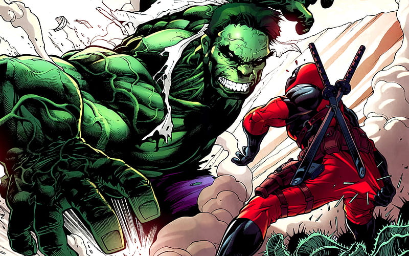 Hulk vs Deadpool, marvel, original, action, heroes, hulk, comic, cool, gun, deadpool, fight, ninja, HD wallpaper