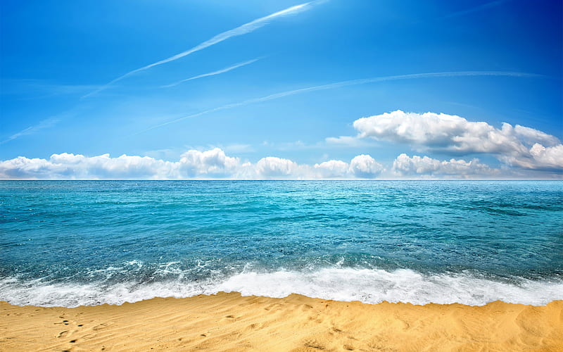 sea landscape, waves, beach, sand, clouds, HD wallpaper