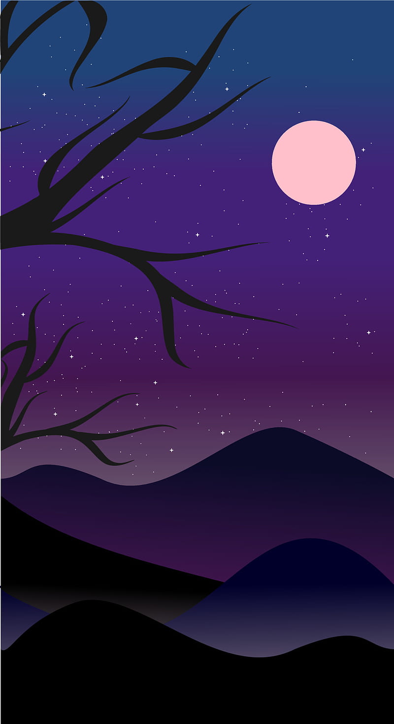Mountain landscape illustration in flat style with design hill and smoke in night view. Aesthetic nature background. Banner template for mobile phone screen saver theme, lock screen and . 5176224 Vector Art, HD phone wallpaper