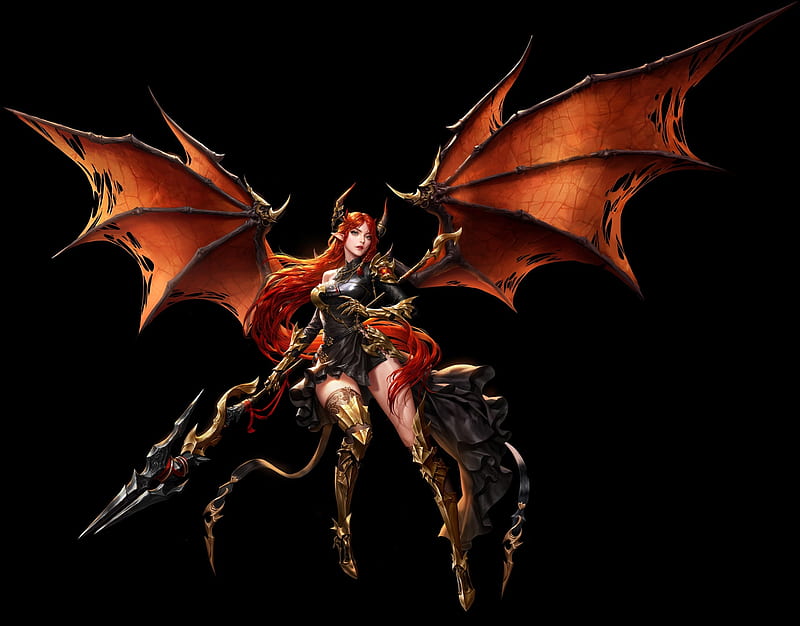 Demoness, bat, black, demin, horns, wings, frumusete, redhead, orange, luminos, fantasy, demon, HD wallpaper