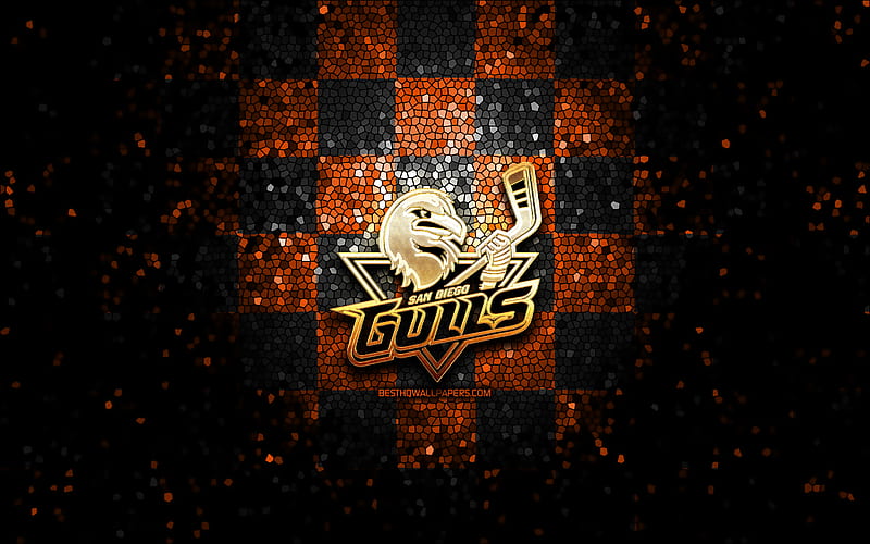 San Diego Gulls, glitter logo, AHL, orange black checkered background, USA, american hockey team, San Diego Gulls logo, mosaic art, hockey, America, HD wallpaper