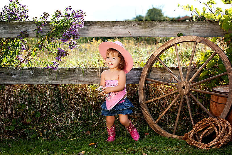 Ranch Starter . ., fence, wagon wheel, pistol, cowgirl, children, hay, rope, HD wallpaper
