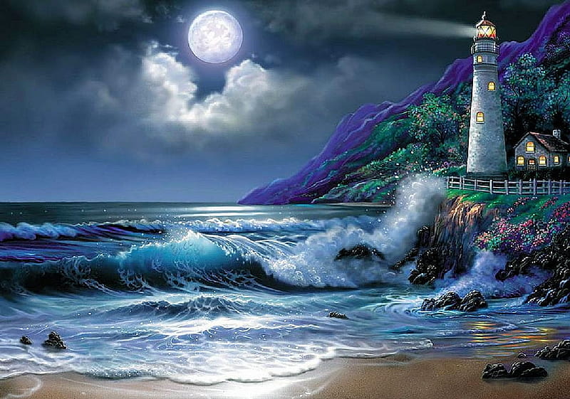 Guiding Light, rocks, art, moon, waves, lighthouse, night, sea, HD wallpaper