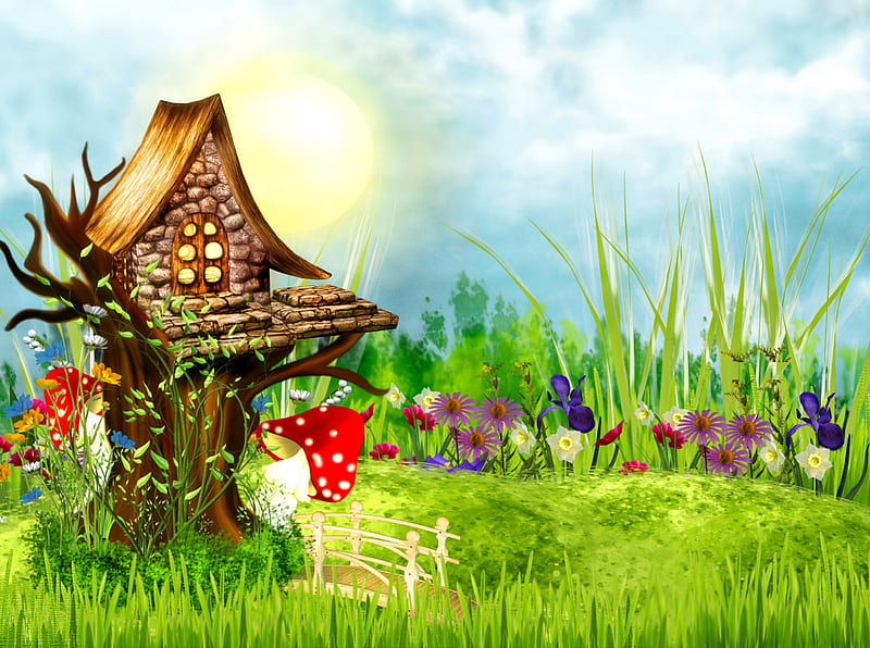 Fantasy paradise, pretty, colorful, house, sun, grass, cottage, fairytale,  bonito, HD wallpaper | Peakpx