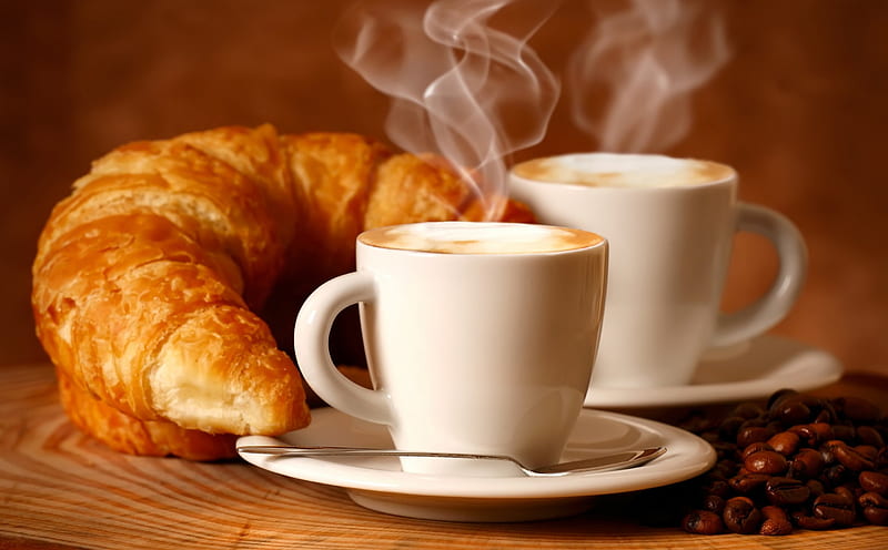 French breakfast, cafe, food, french, breakfast, two, coffee, coffee time, hot, drink, croissant, white, cups, HD wallpaper