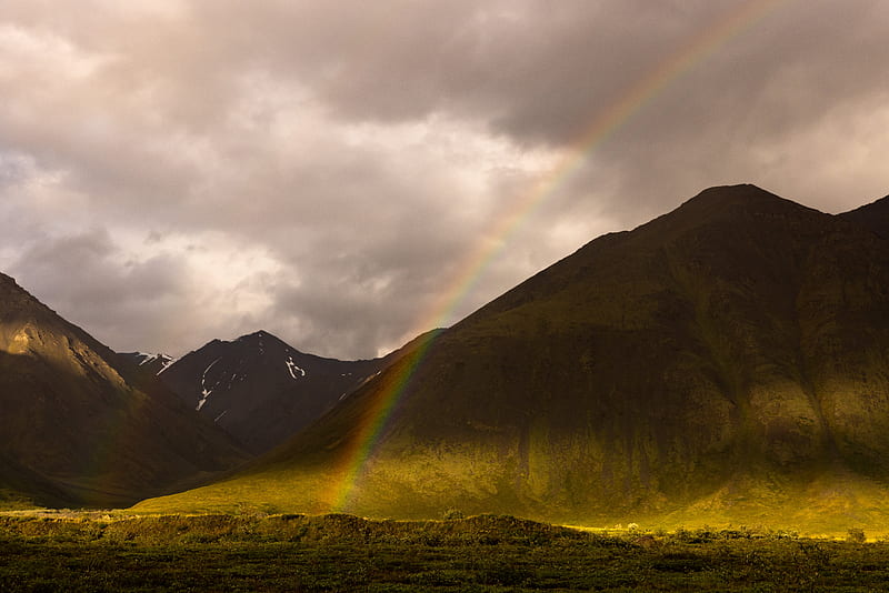 mountains, rainbow, nature, landscape, HD wallpaper