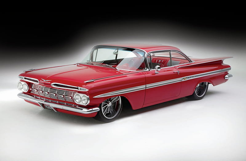 1959-Chevrolet-Impala, Classic, Red, GM, Bowtie, HD wallpaper