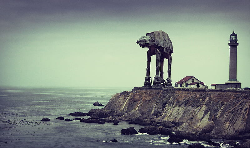 Star Wars AT-AT, star wars, ocean, at-at, cliff, lighthouse, HD wallpaper