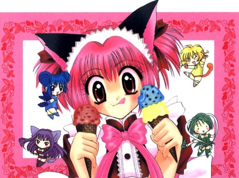 Ice Cream!, Ichigo Momomiya, Neko, Mint Aizawa, Lettuce Midorikawa, Tokyo Mew Mew, Cute, Chibi, Pudding Fong, Zakuro Fujiwara, Ice Cream, HD wallpaper
