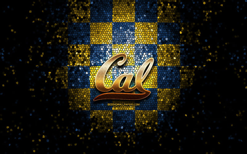 California Golden Bears, glitter logo, NCAA, blue yellow checkered background, USA, american football team, California Golden Bears logo, mosaic art, american football, America, HD wallpaper