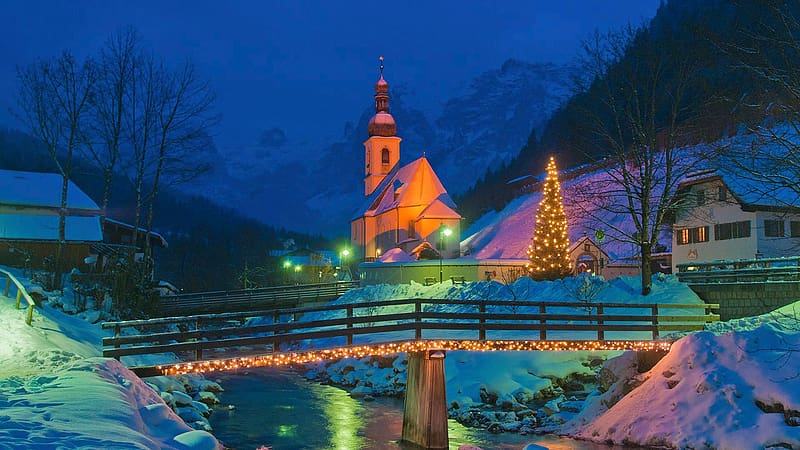Church at Berchtesgaden, Bavarian Alps, river, snow, bridge, germany, rocks, mountains, christmas tree, evening, HD wallpaper