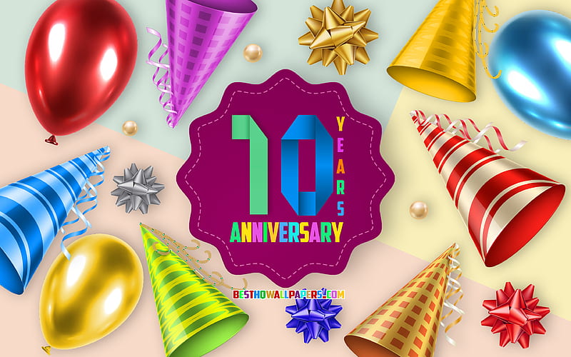 10th Anniversary, Greeting Card, Anniversary Balloon Background, creative art, 10 Years Anniversary, silk bows, 10th Anniversary sign, Anniversary Background, HD wallpaper