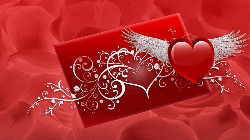 Red Heart With White Wings Valentine, HD wallpaper