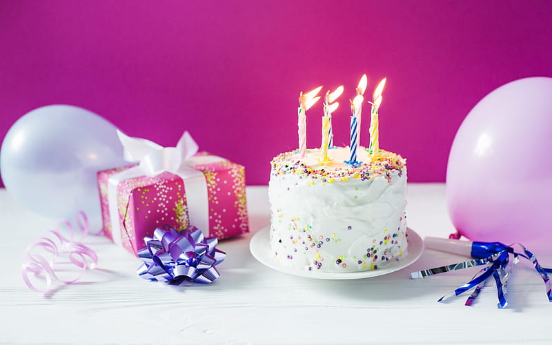 Birtay cake, burning candles, cake on a pink background, gift, blue bow, happy birtay, HD wallpaper