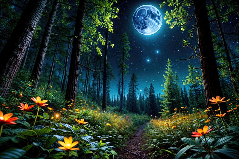 Floral meadow at night, moon, trees, summer, beautiful, spring, grass, meadow, night, stars, forest, path, flowers, floral, HD wallpaper