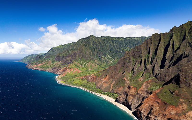 Kauai, Hawaiian Islands, Garden Isle, Waimea Canyon State Park, Pacific ocean, coast, mountains, blue sky, USA, Hawaii, HD wallpaper