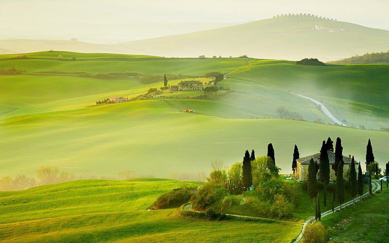 Tuscany fog, summer, hills, Europe, Italy, HD wallpaper
