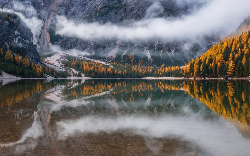 mountain lake, mist, forest, autumn, mountains, USA, HD wallpaper