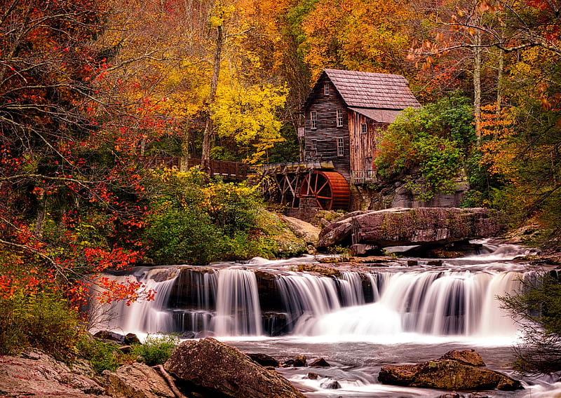 Babcock falls, forest, stream, fall, autumn, mill, babcock, colors, bonito, park, creek, trees, foliage, watermill, grist, HD wallpaper