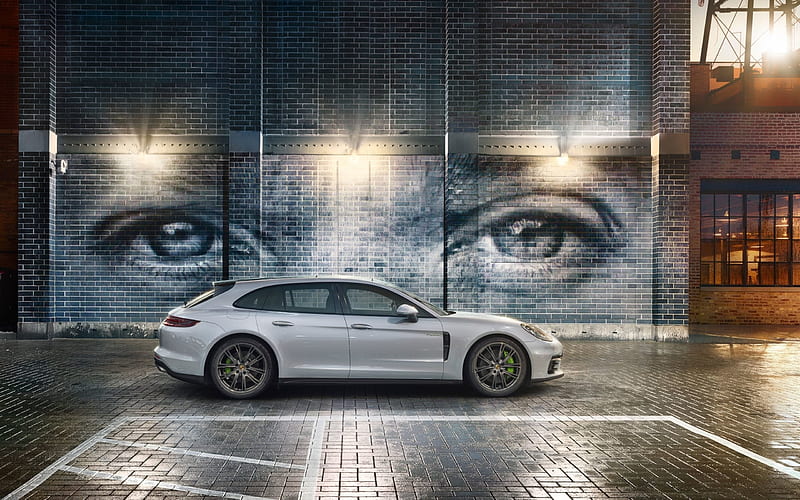 Porsche Panamera 4S Sport Turismo, 2017, side view, sporting coupe, tuning Panamera, green callipers, graffiti on the wall, eyes on the wall, German cars, Porsche, HD wallpaper