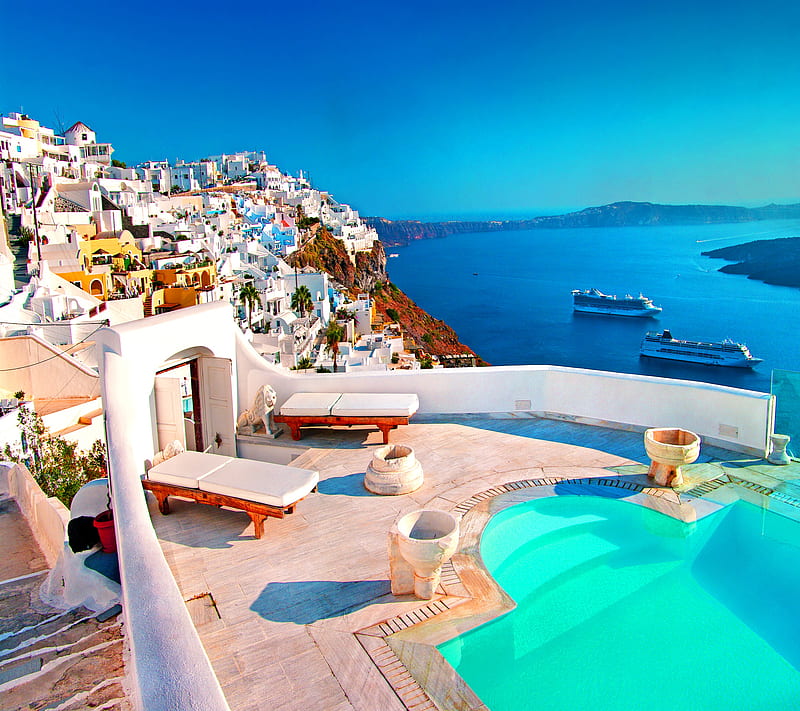 Santorini Greece, beautiful greece, water houses sky, HD wallpaper