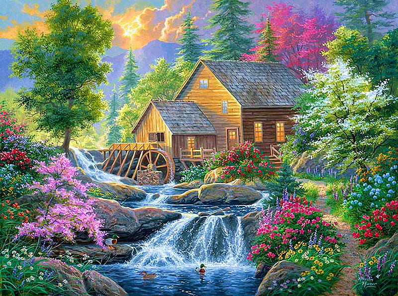 Summertime Mill, forest, watermill, painting, river, cascade, trees, artwork, HD wallpaper