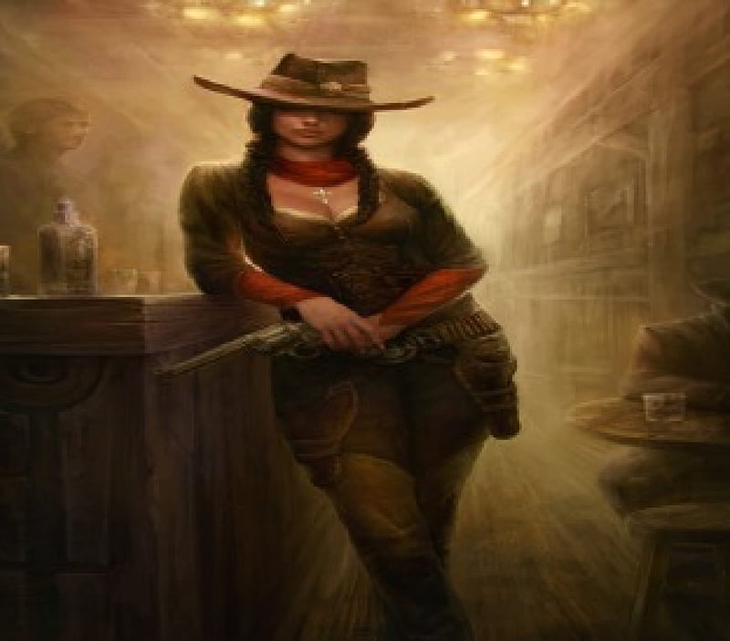 The Gunslinger, gun, woman, old west, bar, HD wallpaper