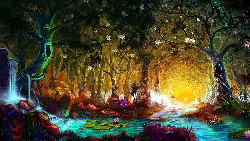 Fantasy Creek, forest, creek, fantasy, trees, magical, HD wallpaper