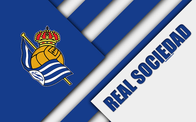 Real Sociedad FC, blue white abstraction, San Sebastian, Spain Spanish football club, logo, material design, football, La Liga, HD wallpaper