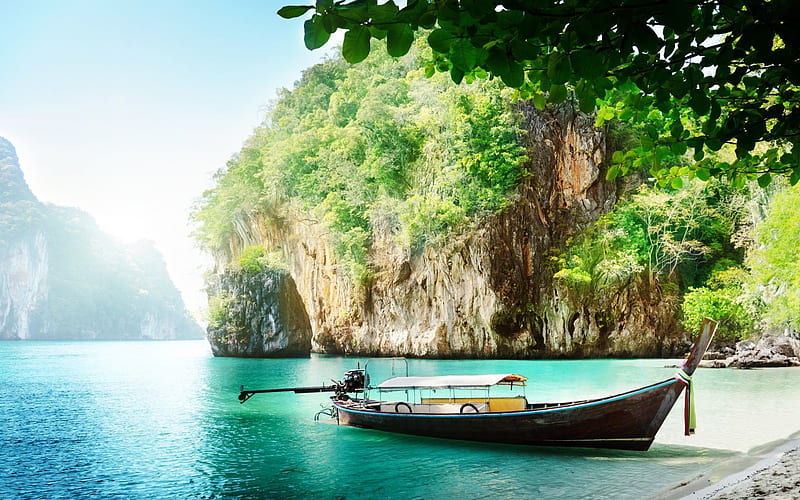 tropical island, boat, Thailand, sea, travel, beach, Laos, HD wallpaper