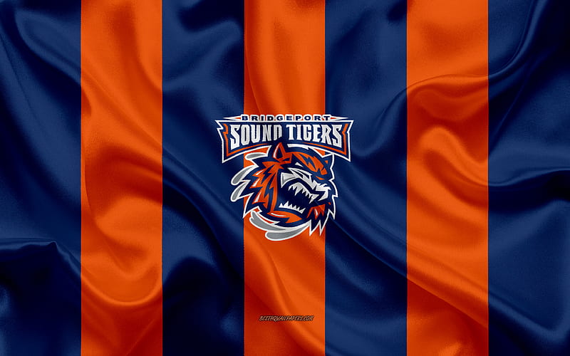 Bridgeport Sound Tigers, American Hockey Club, emblem, silk flag, blue orange silk texture, AHL, Bridgeport Sound Tigers logo, Bridgeport, Connecticut, USA, hockey, American Hockey League, HD wallpaper