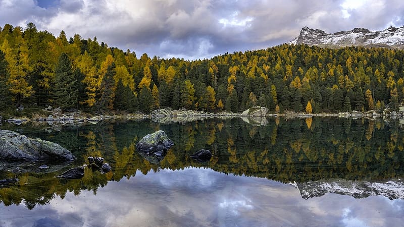Lago di Saoseo, Poschiavo, Switzerland, reflections, clouds, trees, autumn, sky, water, forest, HD wallpaper