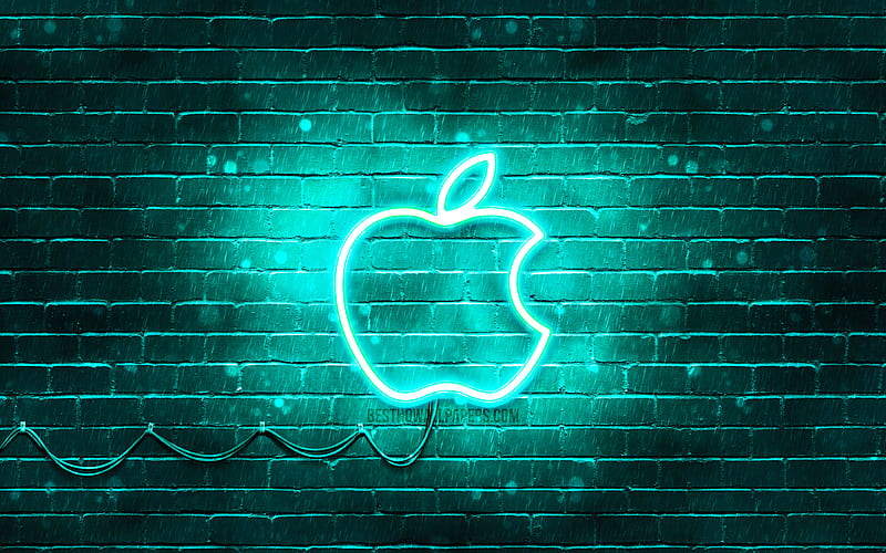 Apple turquoise logo, turquoise brickwall, Apple logo, turquoise neon apple, brands, Apple neon logo, Apple, HD wallpaper
